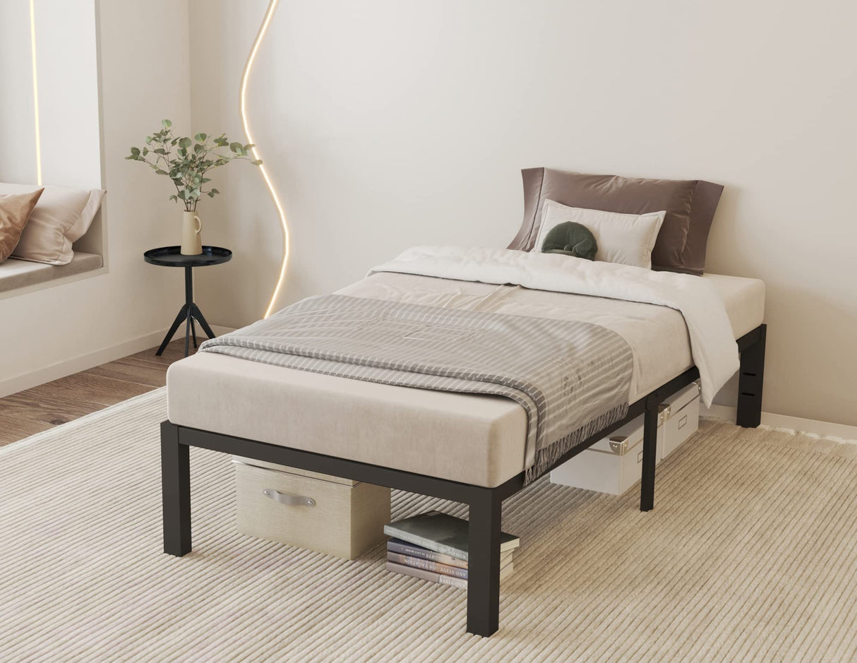 ROIL 14 inch Twin Size Bed Frames with Wide Wood Slats - 3500lbs Heavy Duty No Box Spring Needed Platform, Mattress Stoppers Single Metal Noise Free, Headboard Hole Underneath Storage ROIL