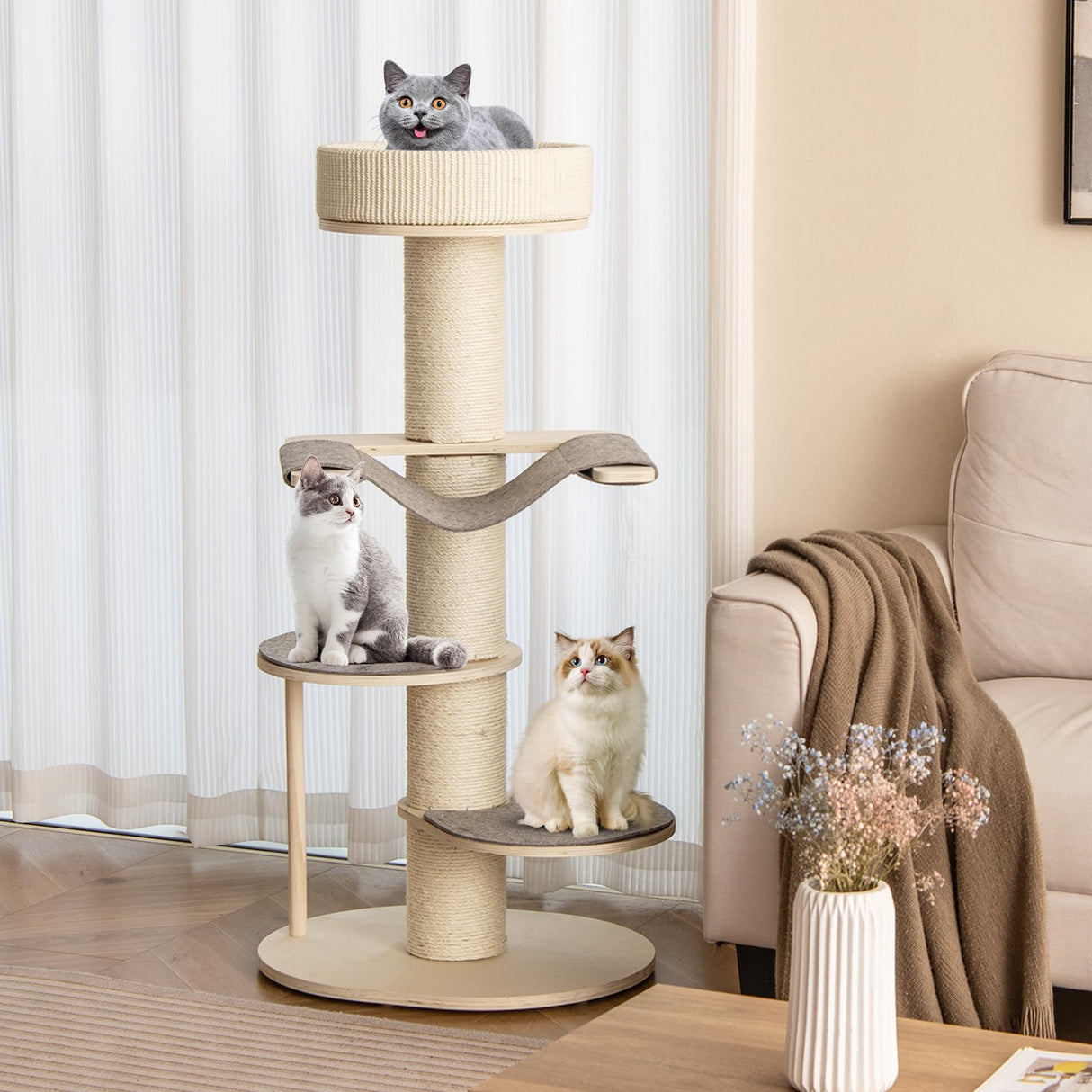 Tangkula Wood Cat Tree, 47 Inch Multi-Layer Cat Tower with 5.7” Thicker Sisal Covered Scratching Posts & Carpet, Padded Top Perch, 2 Jumping Platforms, Hammock, Modern Cat Tree Tower for Indoor Cats Tangkula