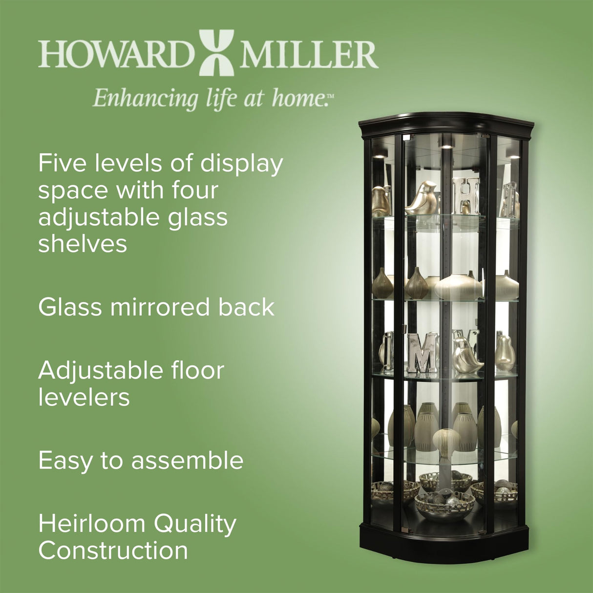 Howard Miller Marlowe II Corner Curio Cabinet, Long Heighted Showcase Black Finish Adjustable Shelves & Levelers, Illuminated Interior Lightning Perfect for Living Room Office and Room Decor Howard Miller