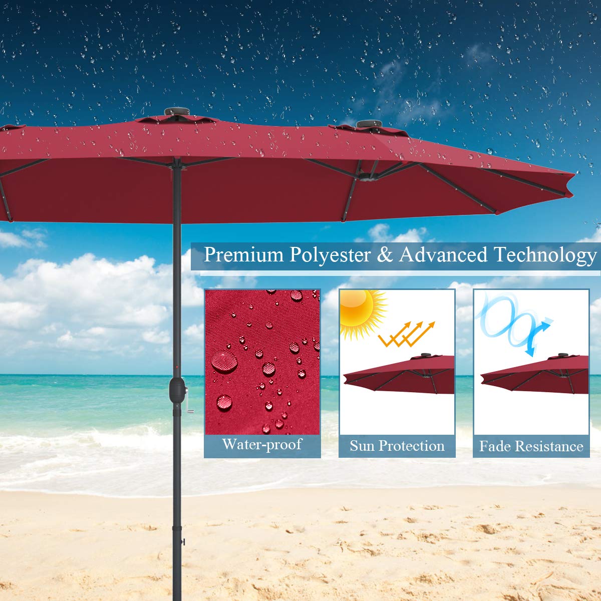 Tangkula 15 Ft Solar LED Patio Double-Sided Umbrella, Extra Large Umbrella w/ 36 Solar Powered LED Lights & Crank System, Outdoor Twin Umbrella for Garden, Deck, Poolside, Patio (Burgundy) Tangkula