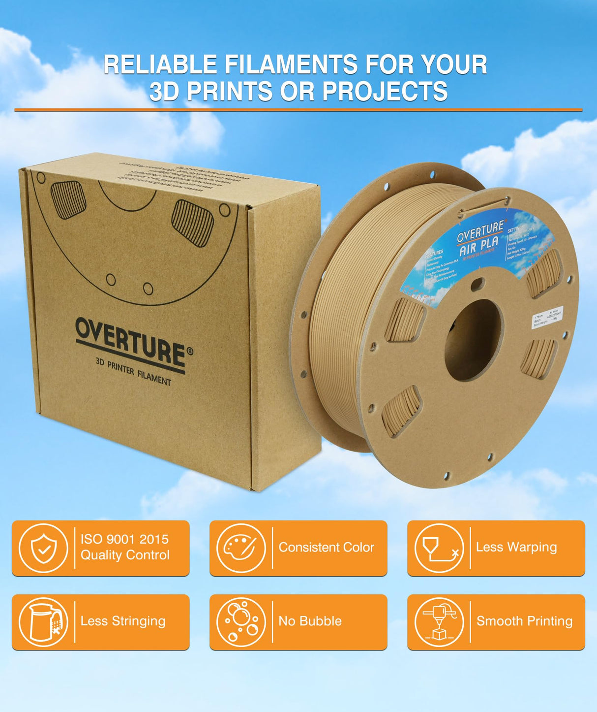 OVERTURE Air PLA Filament, Pre-Foamed PLA Low-Density, Lightweight PLA, Cardboard Spool, 0.82kg(1.8lbs), Dimensional Accuracy +/- 0.02mm (Wood) OVERTURE
