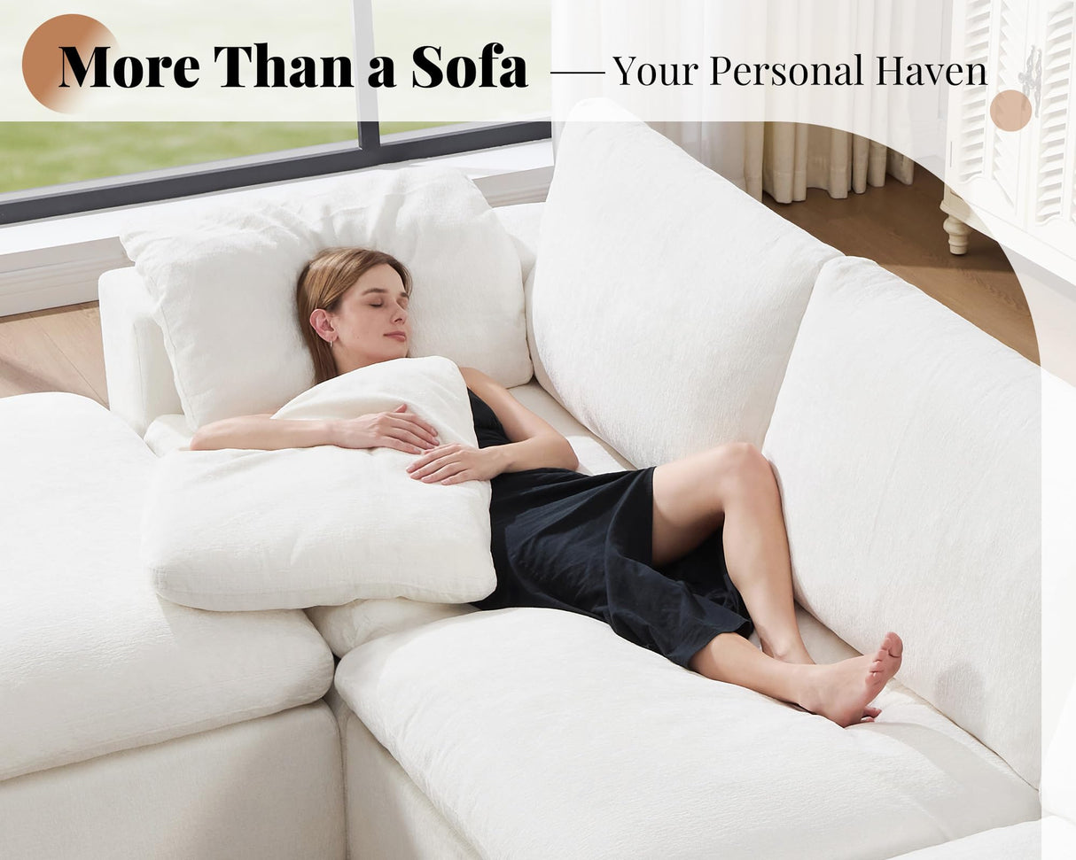 Jocisland 130 inch Cloud Couch Sectional, No-Assembly Modular Sectional Sofa with 83.5 inch Deep Chaise, Oversize Cloud Couch for Living Room, White Chenille Jocisland