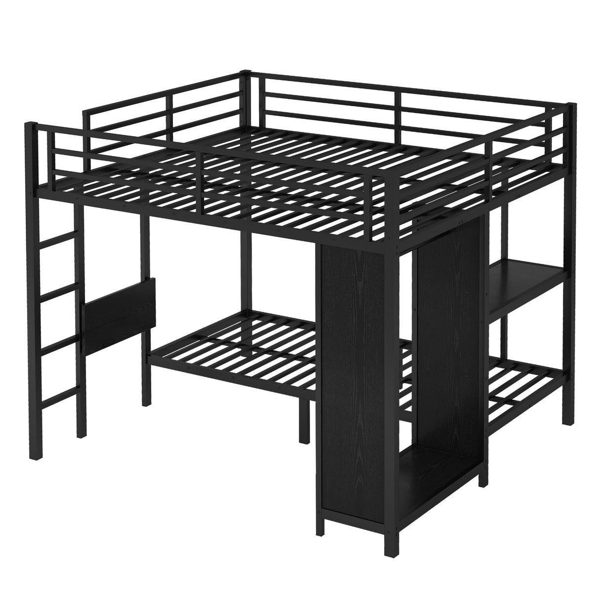 KEIKI King Over Twin XL Size Bunk Bed Frame with Built-in Wardrobe, Metal Loft Bunk Bed with Foldable Desk and Storage Shelf, Bunk Beds King Size for Adults Teen Kids, No Box Spring Needed, Black KEIKI