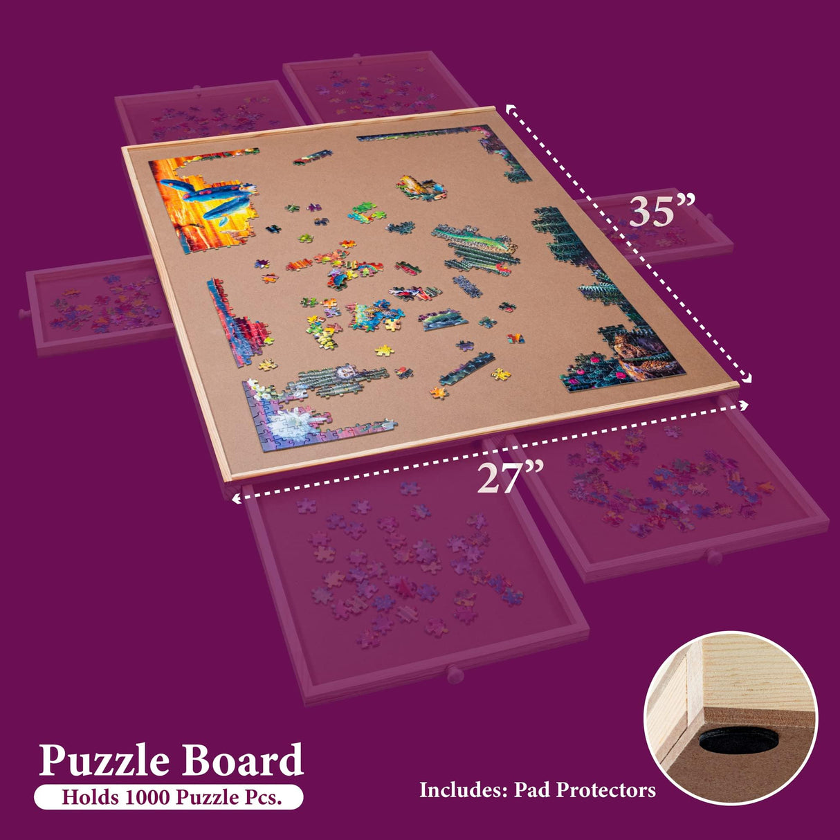 1500 Piece Rotating Wooden Jigsaw Puzzle Table - 6 Drawers, Puzzle Board with Puzzle Cover | 27” X 35” Jigsaw Puzzle Board Portable - Portable Puzzle Table PLAYVIBE