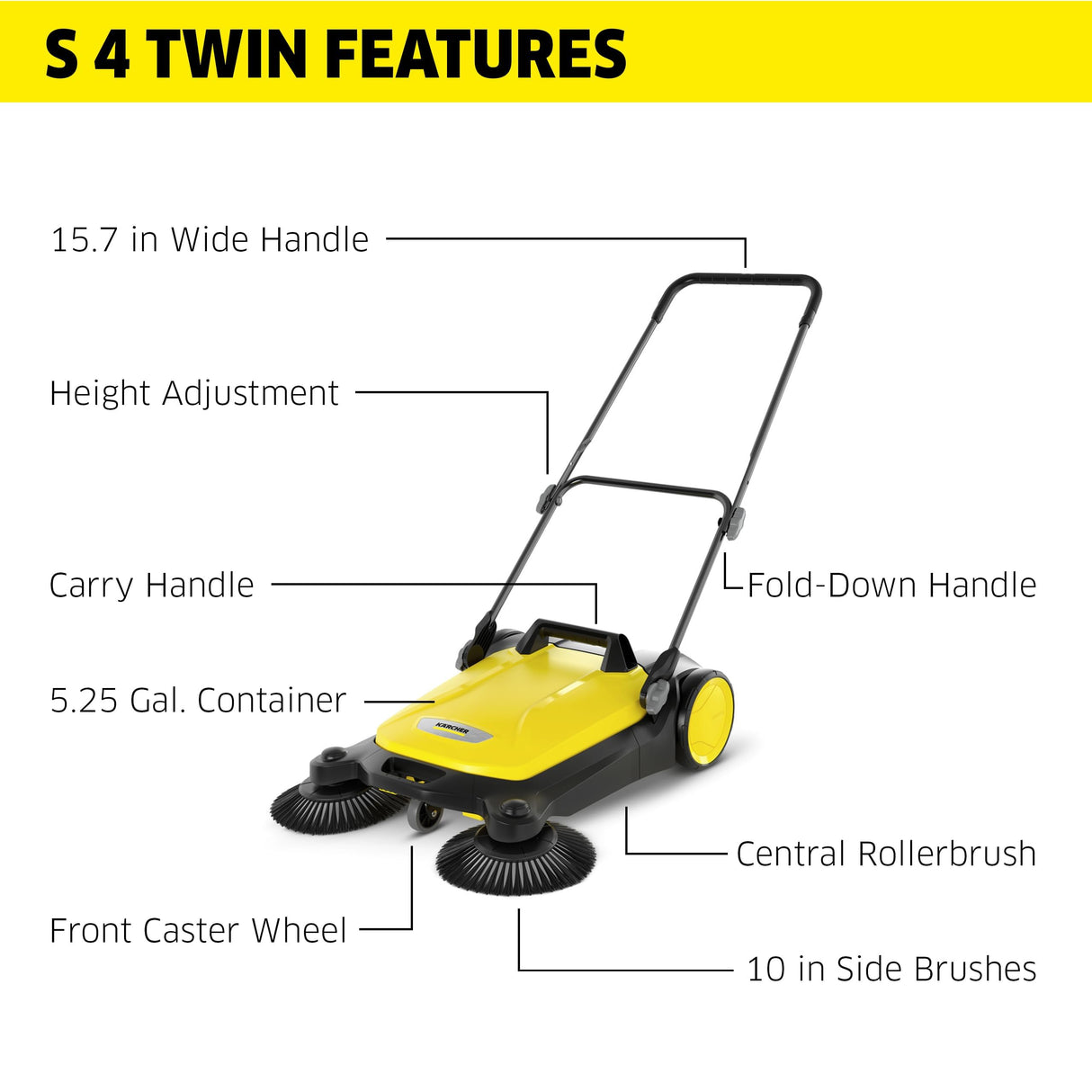 Kärcher - S 4 Twin Walk-Behind Outdoor Hand Push Sweeper - 5.25 Gallon Capacity - 26.8" Sweeping Width - Sweeps up to 26,000 ft²/Hour,Yellow Kärcher