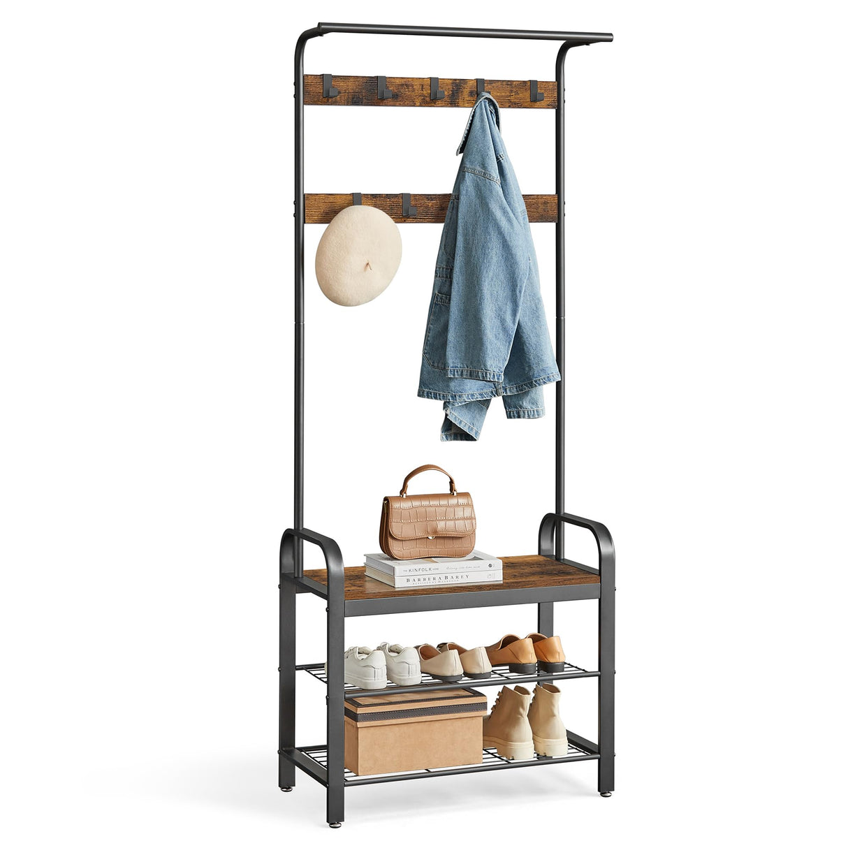 VASAGLE Coat Rack, Hall Tree with Shoe Bench for Entryway, Entryway Bench with Coat Rack, 4-in-1, with 9 Removable Hooks, a Hanging Rod, 13.3 x 28.3 x 72.1 Inches, Rustic Brown and Black UHSR40B VASAGLE