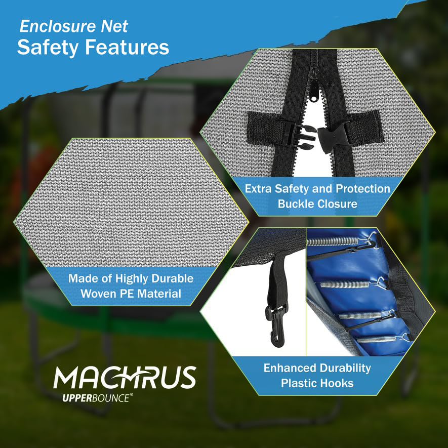 Machrus Upper Bounce Trampoline Safety Enclosure Set for 7.5 FT 10FT 12FT 13FT 14FT 15FT Frames - Includes Net, Poles & Hardware - Installs Outside Frame Upper Bounce