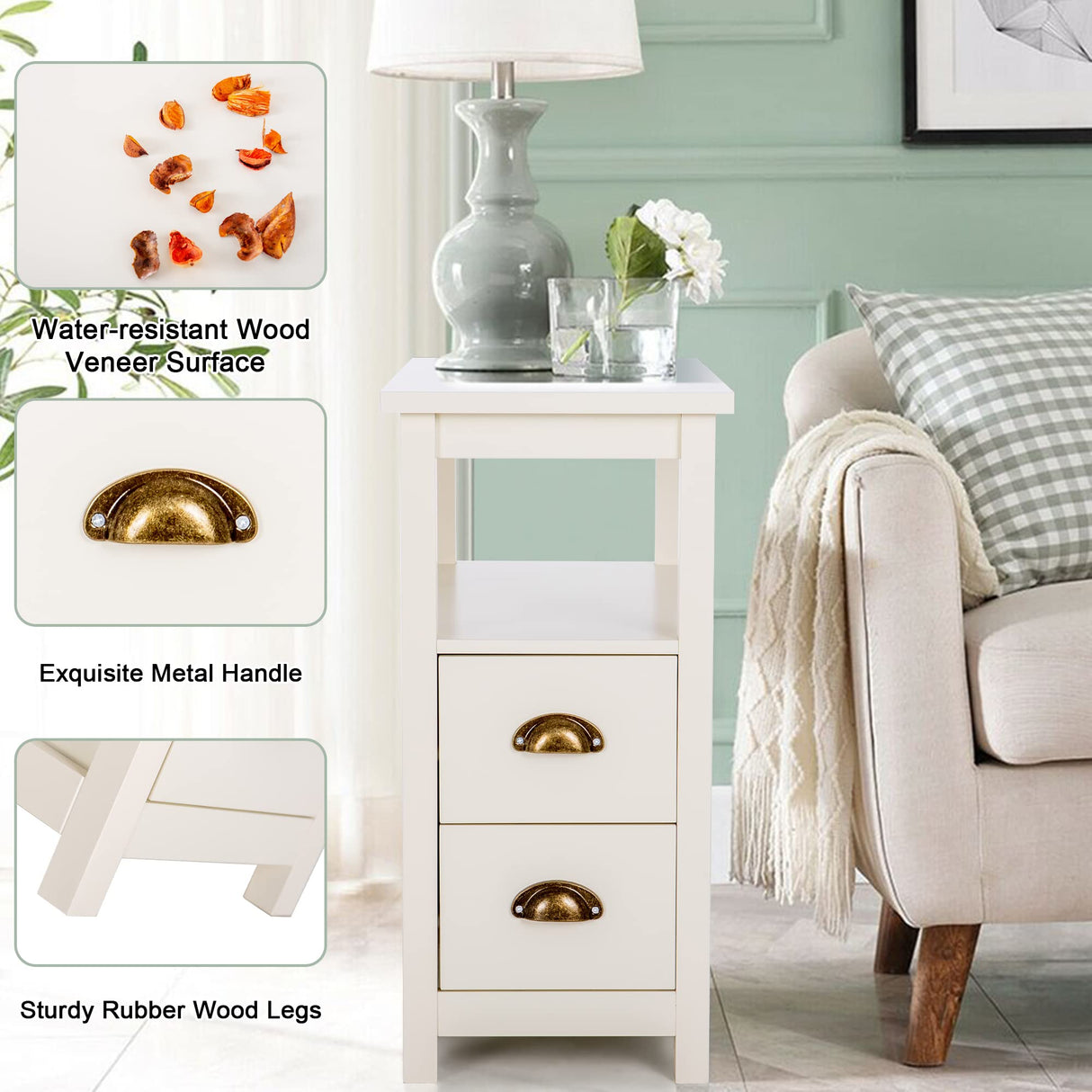 PHI VILLA Narrow End Table with 2 Drawers Nightstand Side Table Bedside Tables Small Sofa Table for Living Room Bedroom PHI VILLA