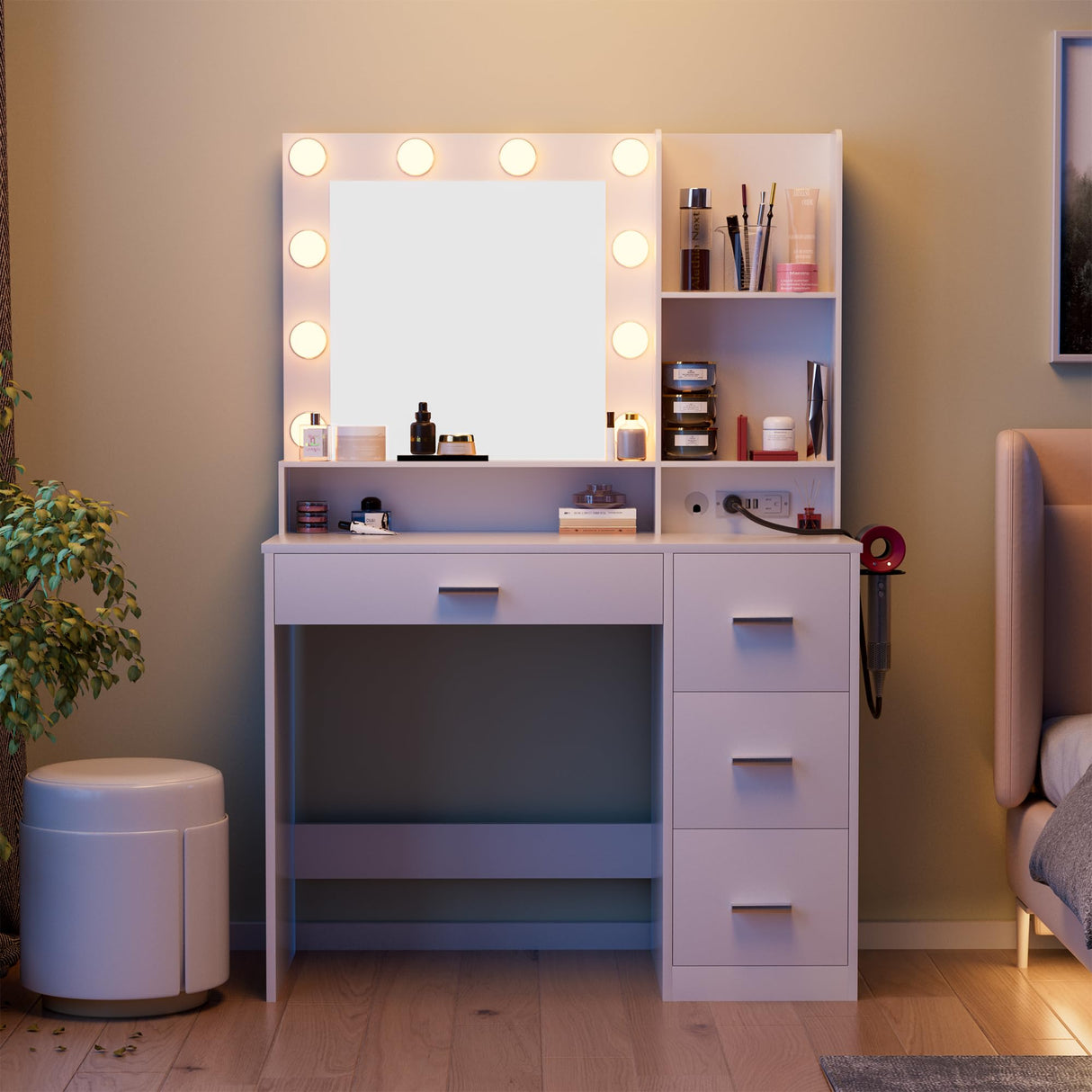 JUMMICO 39.3'' Vanity Desk with LED Lighted Mirror &Power Outlet, Makeup Vanity Table with 4 Large Drawers and 3 Storage Shelves, 3 Model Adjustable Lights for Bedroom & Dressing Room (White) JUMMICO