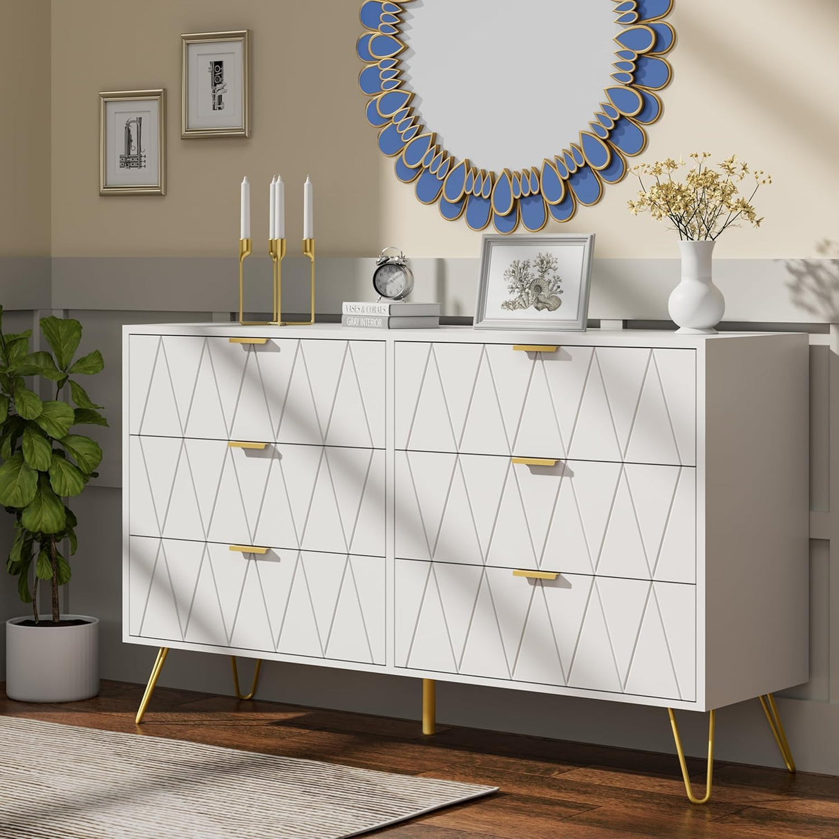 Anbuy Bedroom Sets White Sets 3Pcs, Night Stand Sets and 6 Drawer Dresser for Bedroom (White) Anbuy