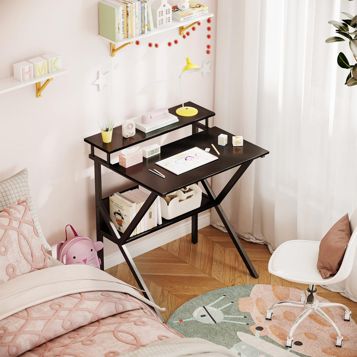 ODK Small Computer Desk, 27.5 Inch, Compact Tiny Study Desk with Storage and Monitor Stand for Home Office, Small Spaces, Black ODK