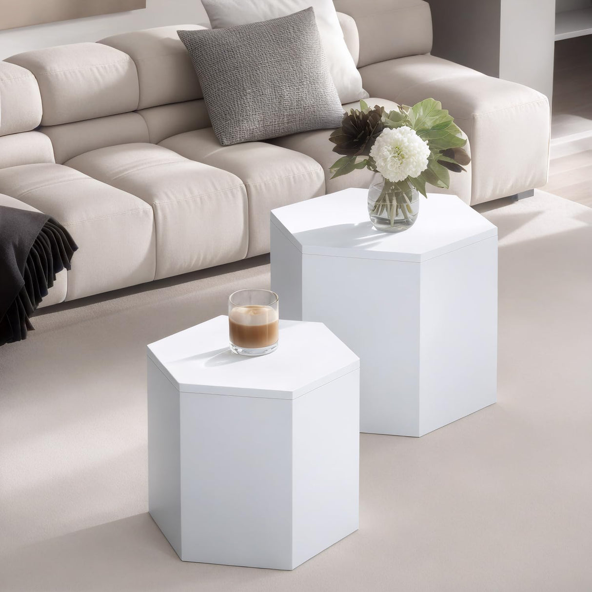 Wood Nesting Coffee Table Set of 2, Modern Round Coffee Table with Non-Slip Feet, Wooden Circle Side Table and Accent Furniture for Bedroom Balcony Lounge Home Office, No Assembling ivoros