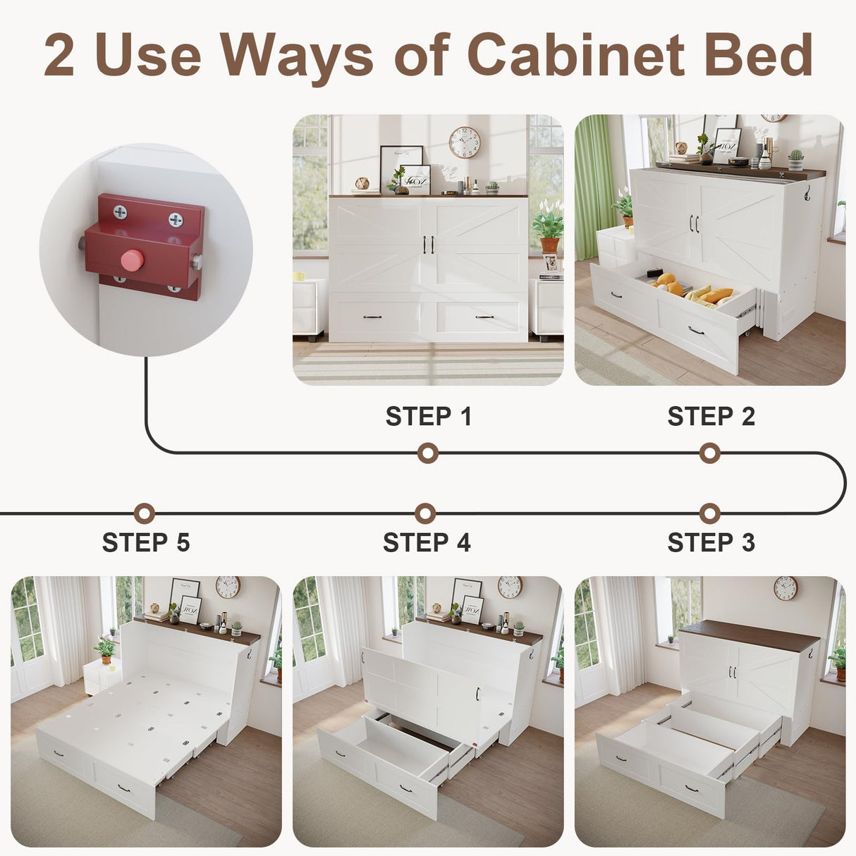 KCGKCG Murphy Bed with Storage & Charging Station, Queen Murphy Cabinet Bed with Large Storage Drawer for Guest Bedroom, Living Room, Office or Small Room, Full Foldable Platform Bed (White, Queen) KCGKCG