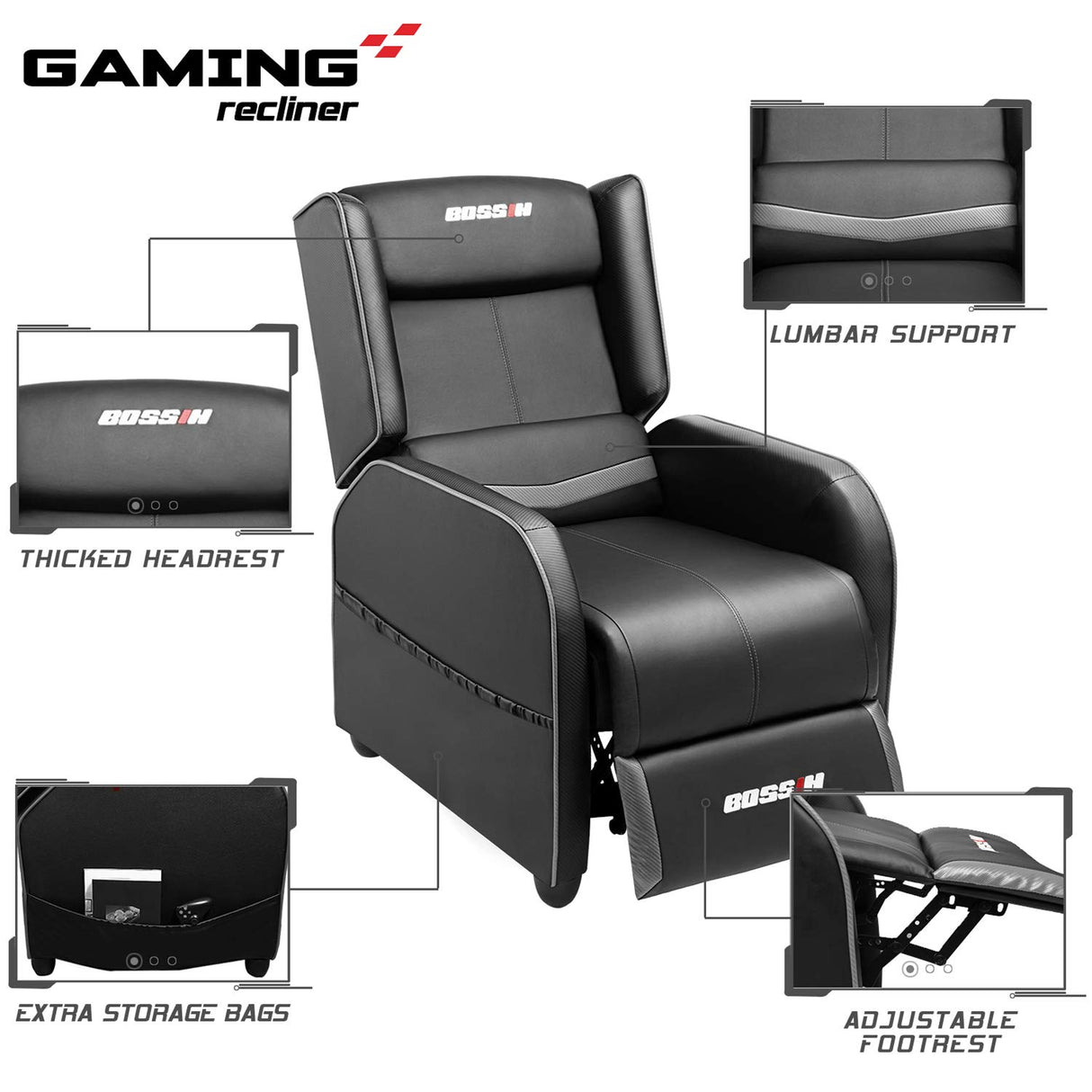 LEMBERI Gaming Recliner Chair for Adults, PU Leather Home Theater Seating Video Game Chairs for Living Room Ergonomic Racing Style Single Movie Gamer Lounge Sofa Grey LEMBERI