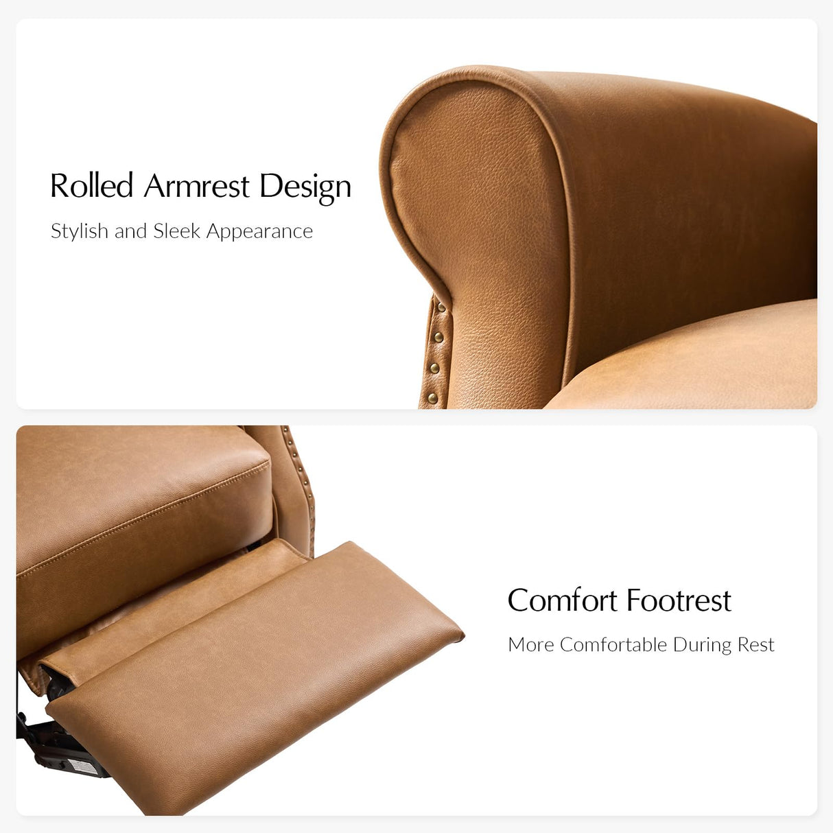 HULALA HOME Faux Leather Swivel Rocker Recliners Set of 2 with Adjustable Backrest and Footrest, Push Back Recliner Chairs with Nailhead Trim, Swivel Glider Rocking Chairs for Living Room, Camel HULALA HOME