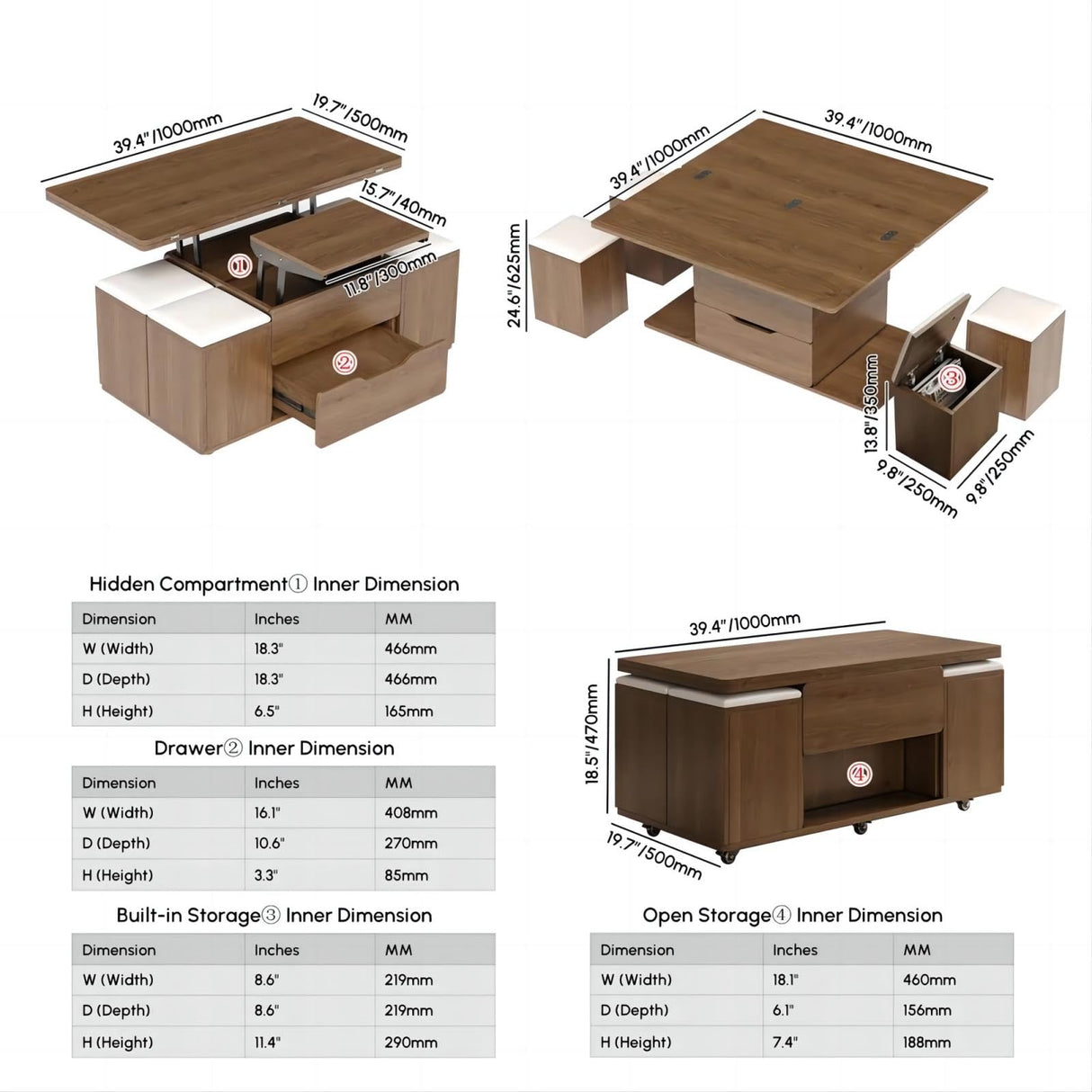 homary Lift-Top Coffee Table with Hidden Storage, 3-in-1 Modern Folding Center Table with 4 Stools, Casters, and Lockable Wheels – Convertible Dining & Office Table for Living Room (Walnut) homary