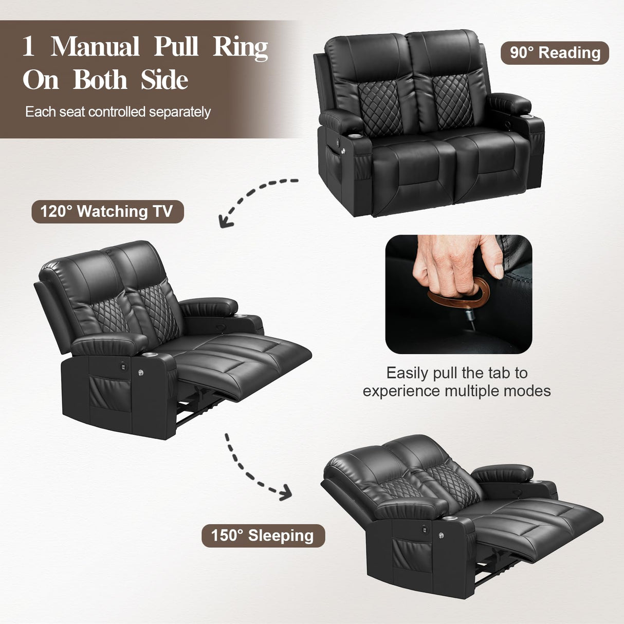 FURNIMAT Loveseat Recliner Sofa Set with 2+1+1 Pieces in Living Room, 2 Seater Reclining Loveseat Leather, 2 Recliner Chairs with 360 Degree Swivel Single Sofa Seat FURNIMAT