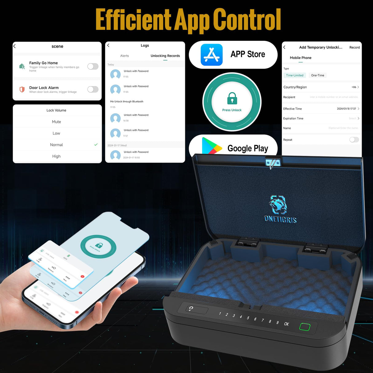 Biometric Gun Safe for Handgun, ≤0.1s Quick Access Pistol Safe 4-Ways Unlock APP/Fingerprint/Numeric Code/Key with Security Cable, Handgun Safe for Nightstand, Home, Bedside, Car - Aluminum Alloy OneTigris