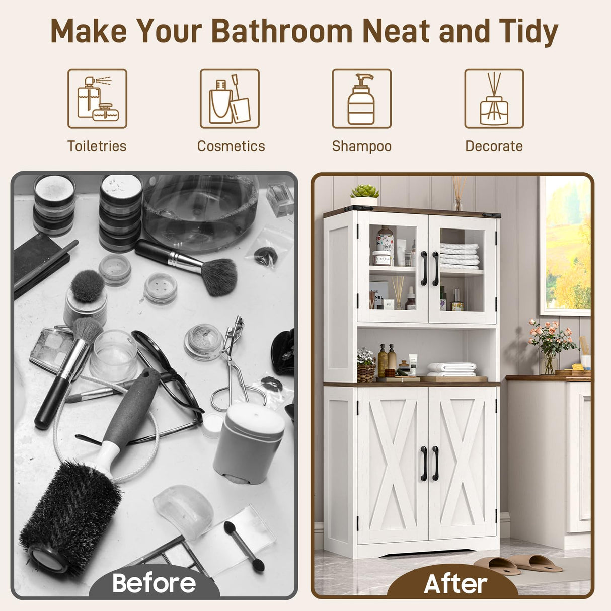 Halitaa Bathroom Storage Cabinet with Adjustable Shelves, Farmhouse Kitchen Pantry, Floor Farmhouse Storage Cabinets for Bathroom, Kitchen, Living Room, Rustic Style Cabinet, White and Brown Halitaa