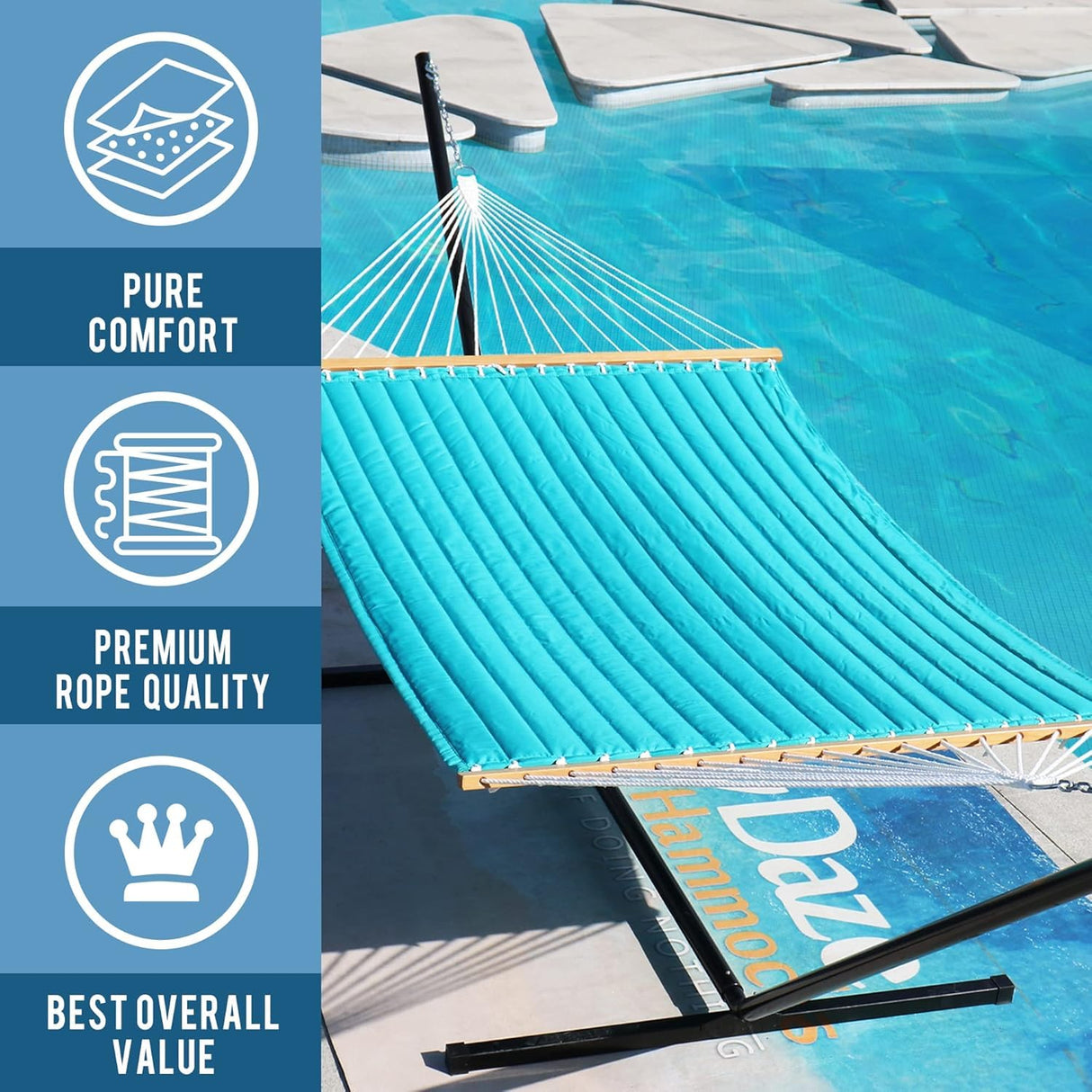 Lazy Daze Hammocks 12FT Quilted Fabric Double Hammock with Pillow, 2 Person Hammock with Spreader Bar for Outdoor Outside Patio Garden Yard Pool Beach (Blue) Lazy Daze Hammocks