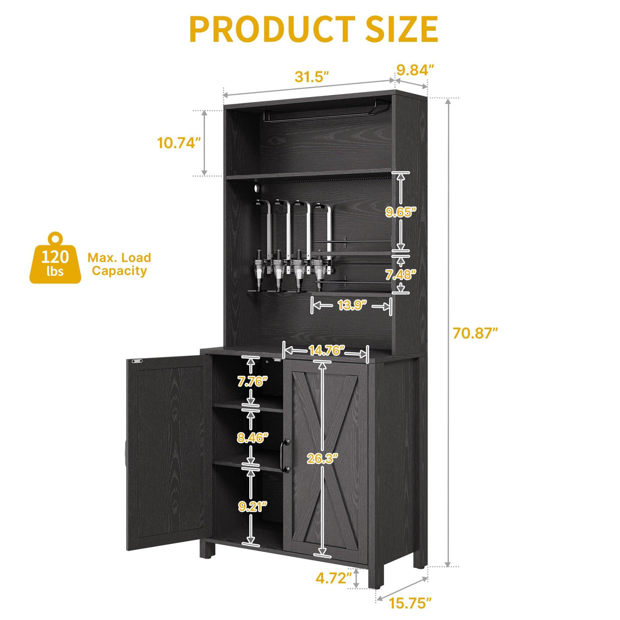 DWVO Farmhouse Bar Cabinet w/LED Lights, 71" Tall Wine Bar Cabinet for Liquor & Glasses, 4-Bottle Liquor Dispenser & Wine Rack, Kitchen Cabinet w/Storage, Black DWVO