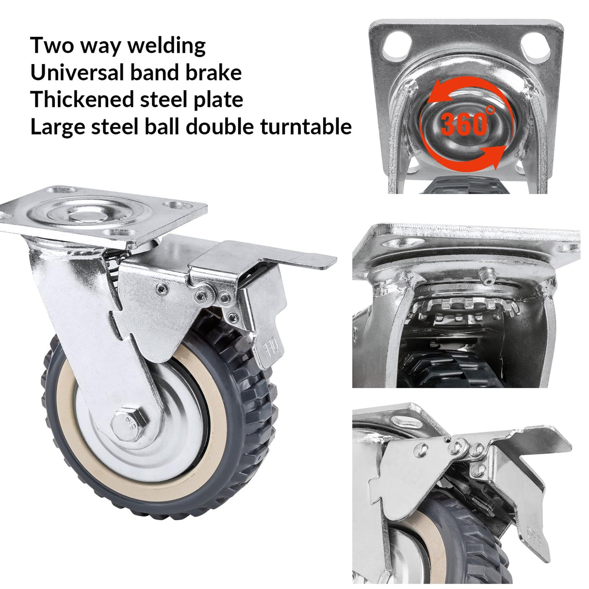 NestChic 4 Pack Heavy Duty Plate Casters Set, 8 Inch Swivel Wheels with Brake, Anti-Skid 360 Degree Ball Bearing Castors (2 with Brake, 2 Without) NestChic