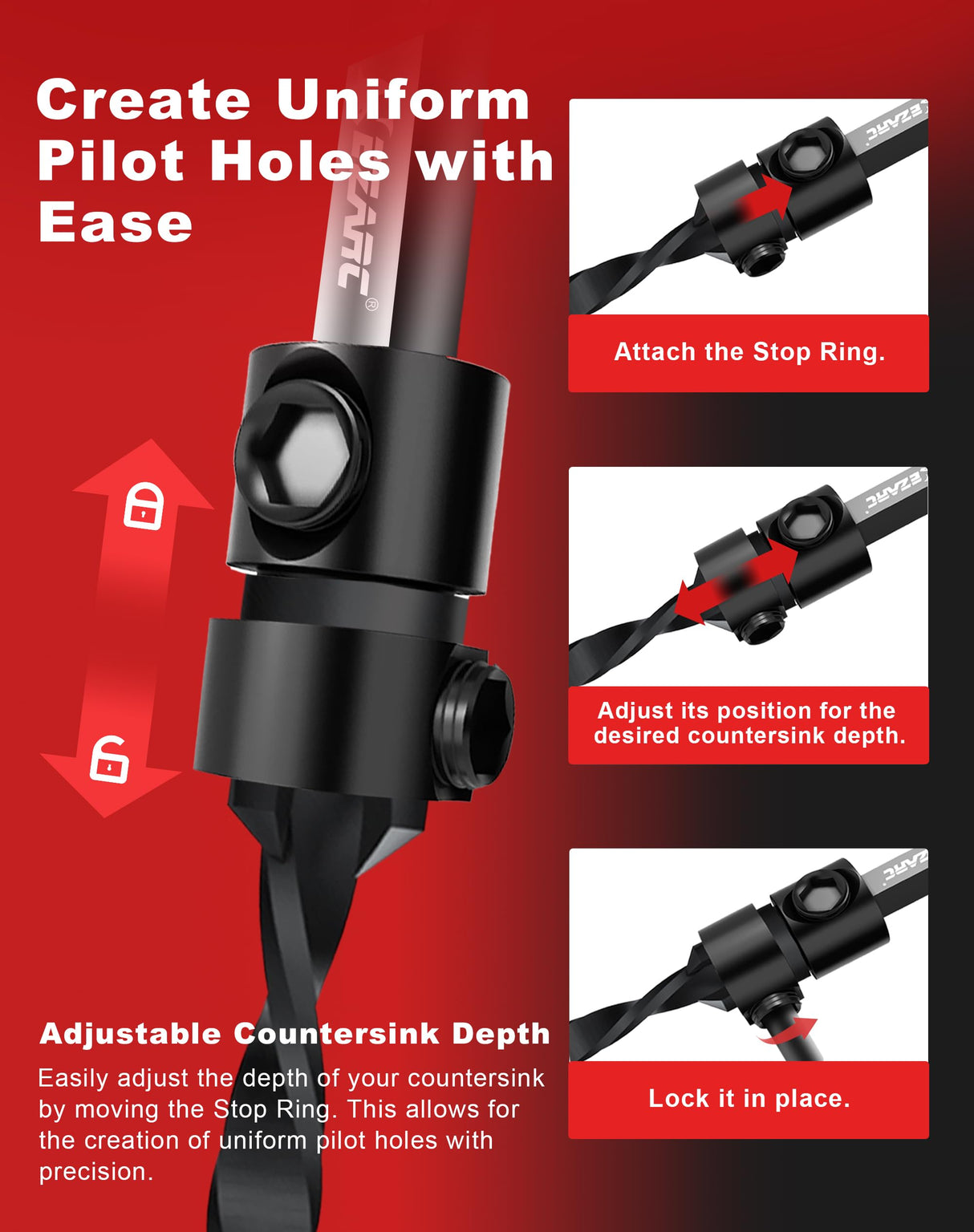 EZARC Countersink Drill Bit Set, 15 PCS Tapered Drill Bits Counter Sink Drill Bit with 2PCS Wood Plug Cutter 1/4" Hex Shank Quick Change for Woodworking with Storage Box EZARC
