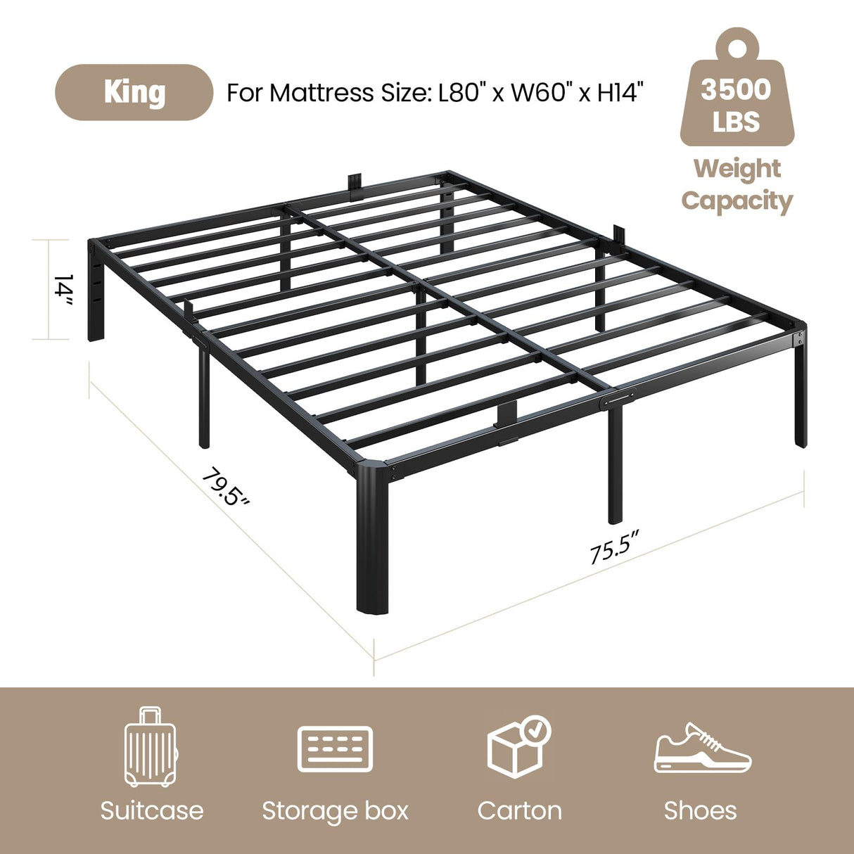 Metal Bed Frame King Size, 14 Inch 3500 lbs Heavy Duty Platform Bed FramesSteel Slats Noise Free No Box Spring Needed, Easy Assemble Sturdy Bedframe with Storage and Mattress Retainers BOLTRISE