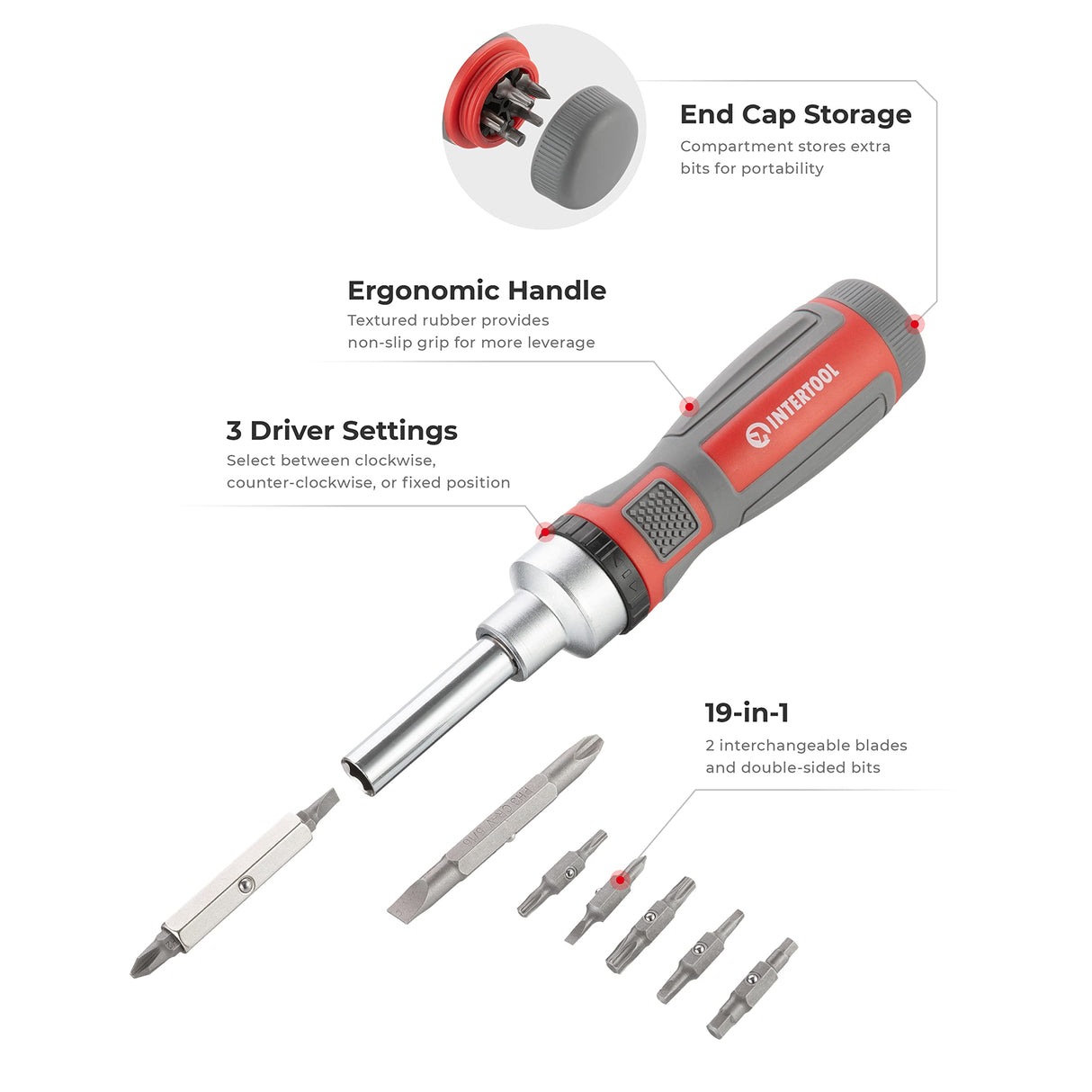 INTERTOOL 19-in-1 Ratcheting Screwdriver Set, Multi-Bit, High Strength Chrome Vanadium Steel, 8 Double-Ended Bits VT08-3376 INTERTOOL