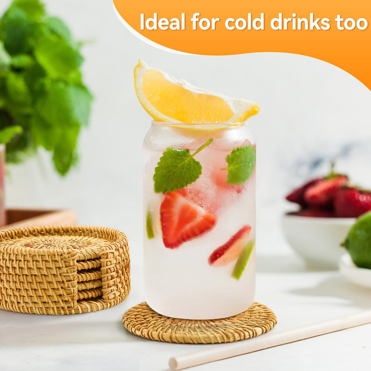 6pcs Handmade Rattan Coasters with Holder, Natural Wicker Boho Coasters Set, Heat-resistant Drink Coasters for Coffee Table Housewarming Gifts Hot Drinking Home Decor Protecting Table ANPHSIN