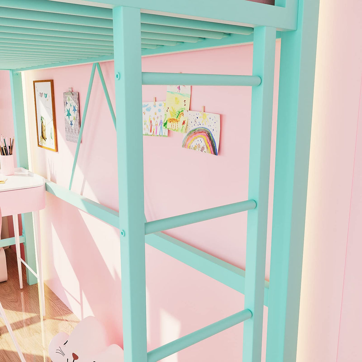 ikalido Aqua Green Twin Metal Loft Bed with Safety Guard, Removable Ladder, and Space-Saving Design ikalido