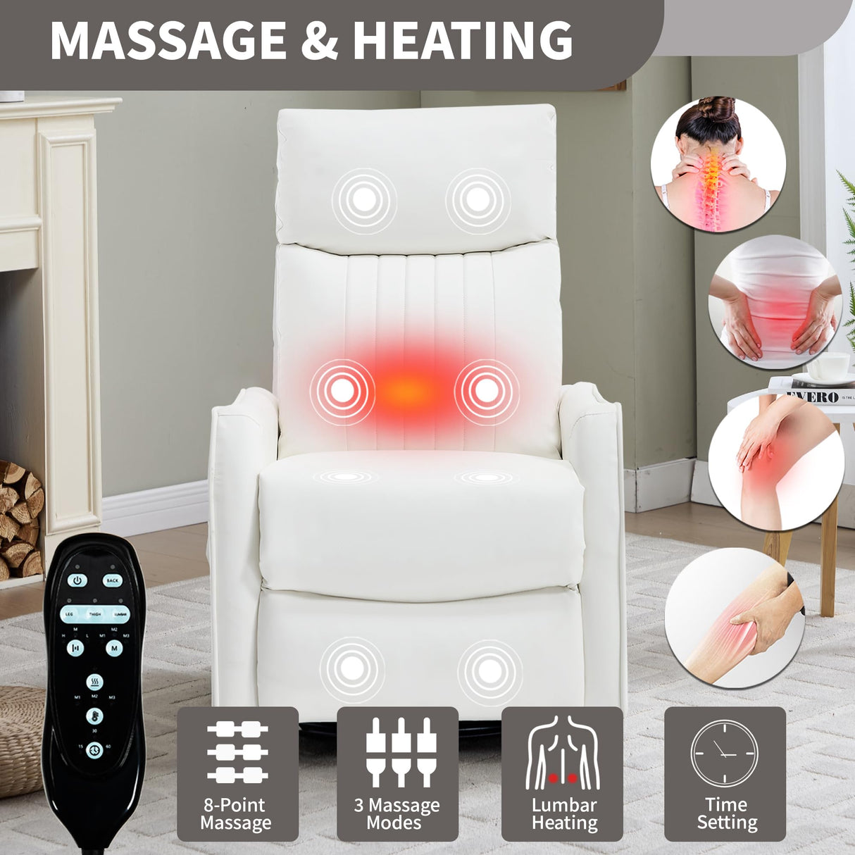 PELUMY Recliner Chair Swivel Rocking with Heat Massage - 360° Manual Recliner, 8-Point Vibrating & Lumbar Heat, Easy Assembly Chair for Living Room (Breathable Leather, White) PELUMY