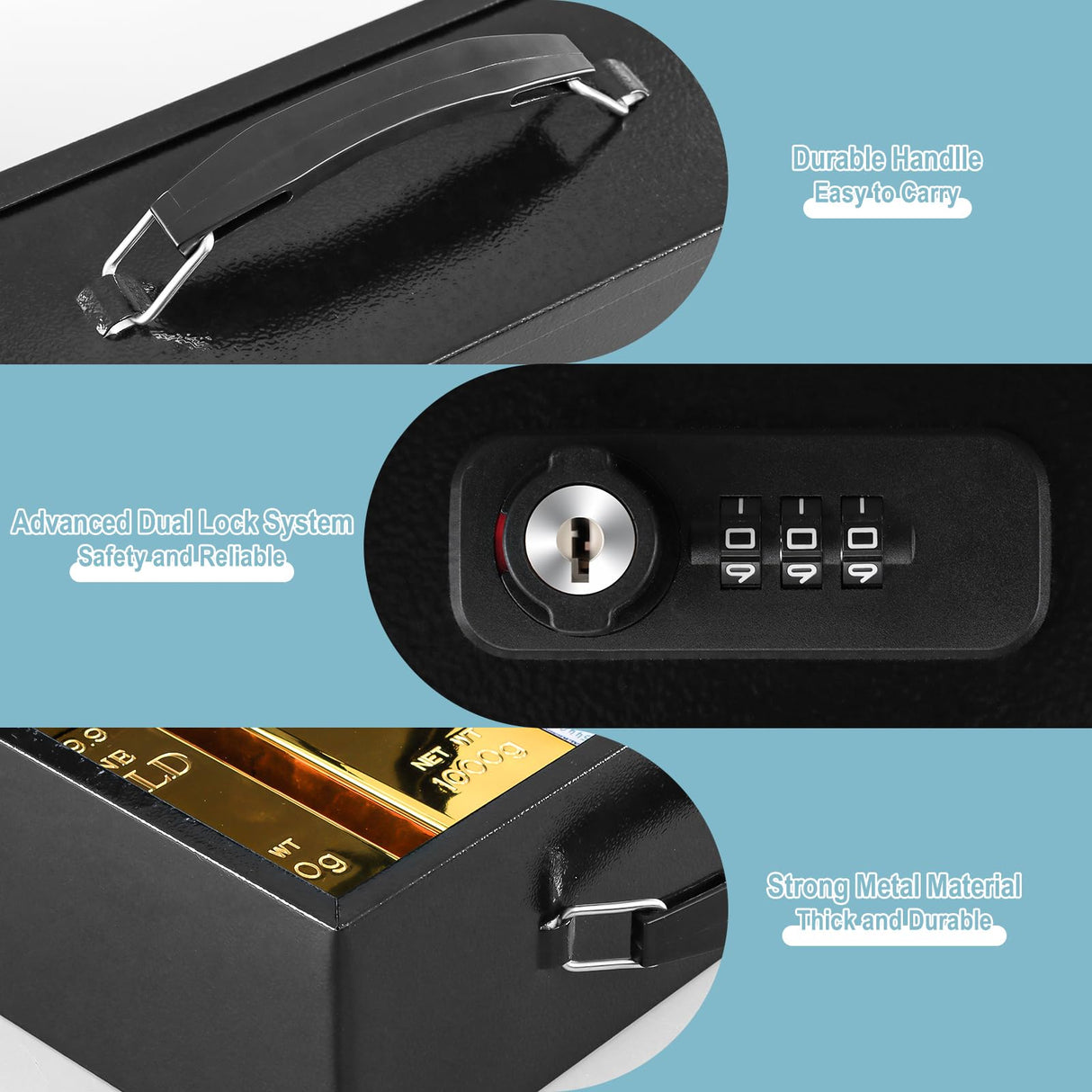 KYODOLED Fireproof Lock Box for Documents, Dual Combination and Key Lock Security with Carrying Handle, Metal Strong Safe Box to Keep Personal Items,Documents, Exterior 12.8" x 8.4" x 4.5", Black KYODOLED