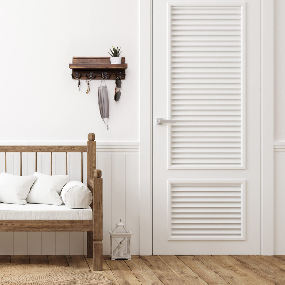 NAUMOO Natural Wooden Key Holder - Wall Mounted Mail Organizer and Key Hanger - Rustic Farmhouse Entryway Shelf with 4 Double Hooks - Decorative Rack for Car Keys, Wallet (Dark Brown) NAUMOO