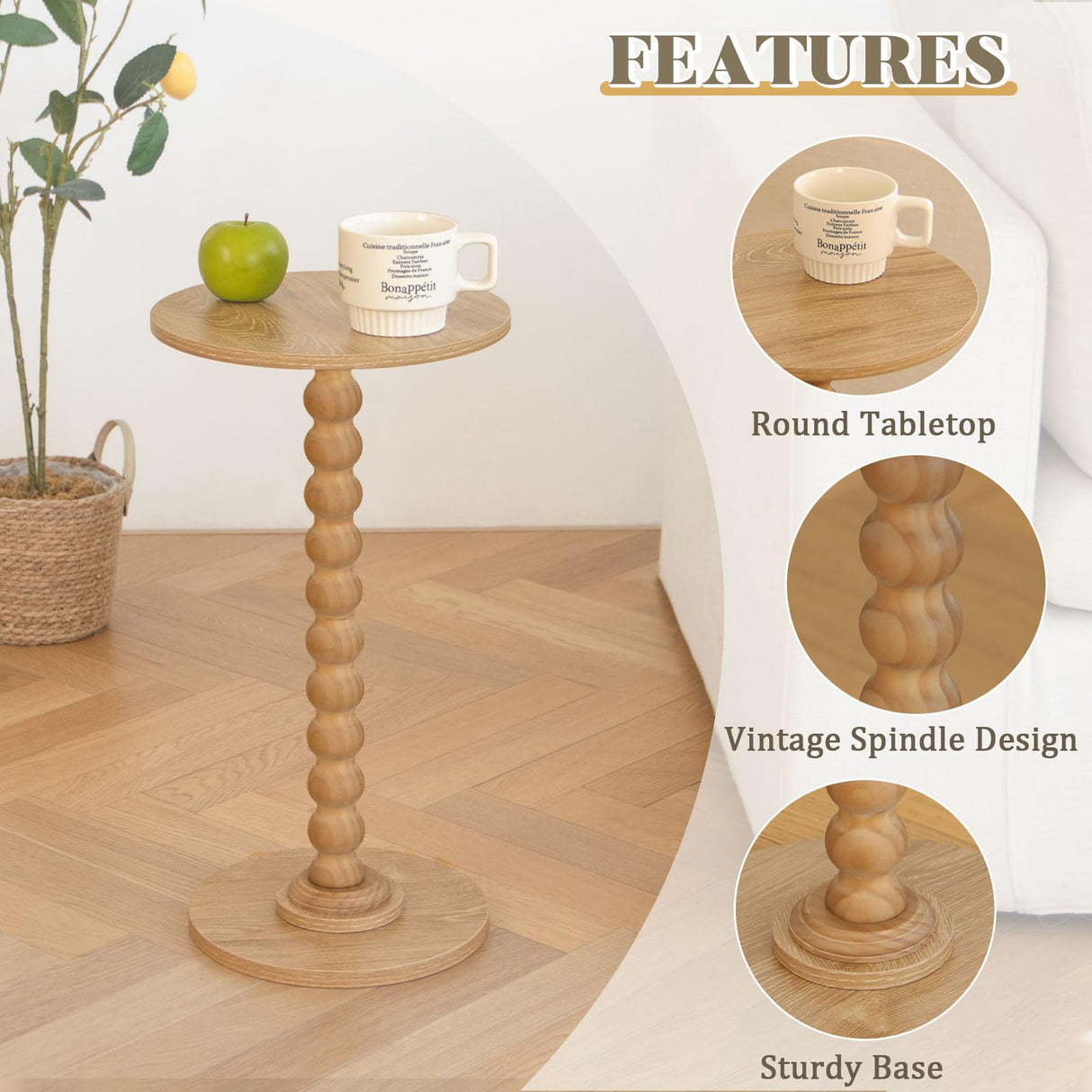 Fultyle Small Side Table, Drink Table for Small Spaces, Modern Accent Table Martini Table with Solid Wood Leg, Round End Tables Living Room for Bedroom and Office (Rustic Walnut) Fultyle