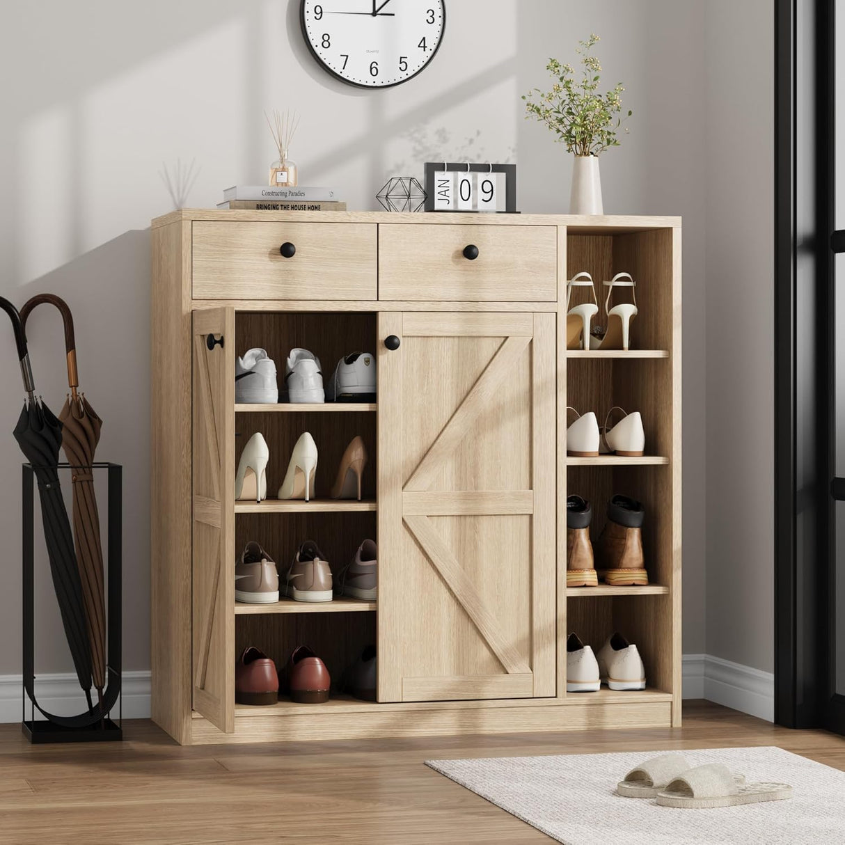 GarveeHome Shoe Storage Cabinet with Doors and Drawers, 42'' Tall Modern Shoe Cabinet with 3 Adjustable Shelves and Stable Base, 4-Tier Shoes Rack Organizer Cabinet for Entryway, Front Door, Natural GarveeHome