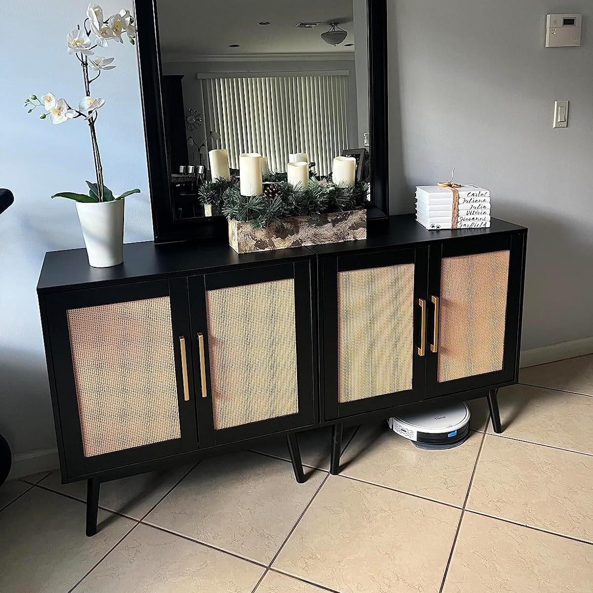 LYNSOM Buffet Cabinet with Storage, Sideboard Buffet Storage Cabinet with Rattan Decorated Doors, Set of 2 Accent Cabinet with Solid Wood Feet for Living Room, Entry, Hallway, Black LYNSOM