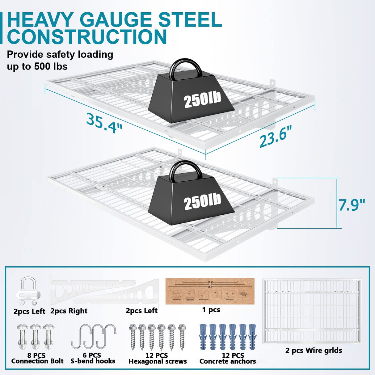 Dtrik Garage Storage Shelving Wall Mounted, 2 Pack 2x3ft, Loads 500 lbs Heavy Duty Sturdy Wall Shelves, Strong Garage Organiser, Storage Racks Units, White Metal Floating Adjustable Wall System Shelf Dtrik