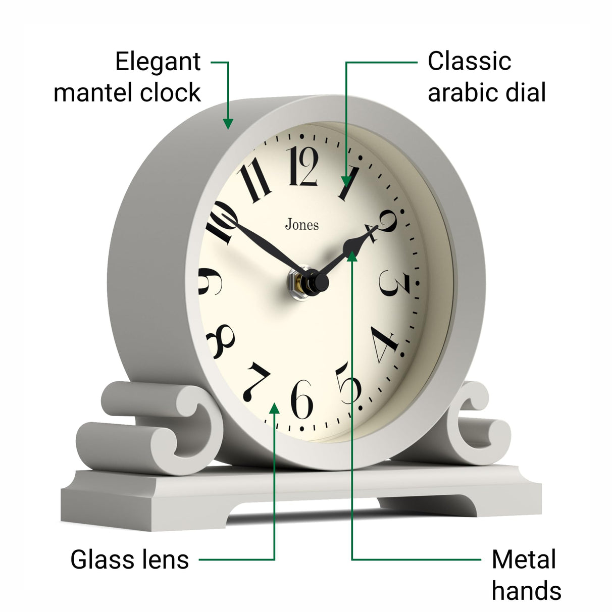 JONES CLOCKS® Saloon Mantel Clock |Traditional Double Scroll Design |French Navy |Contemporary Classic Style for Desk, Table, Shelf or Bedside JONES CLOCKS
