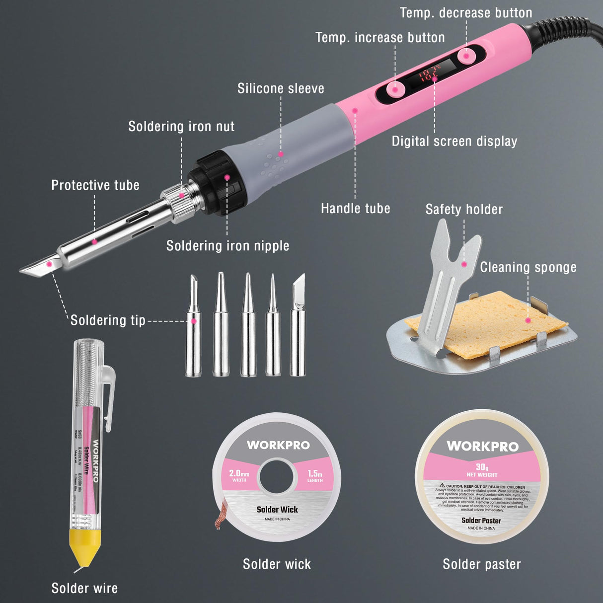 WORKPRO Soldering Iron Kit, 90W Soldering Gun with Digital Display, Iron Tips, 11-in-1 Adjustable Temperature Welding Kit for Electronic Repair, DIY Enthusiasts(110V US Plug,Pink) WORKPRO