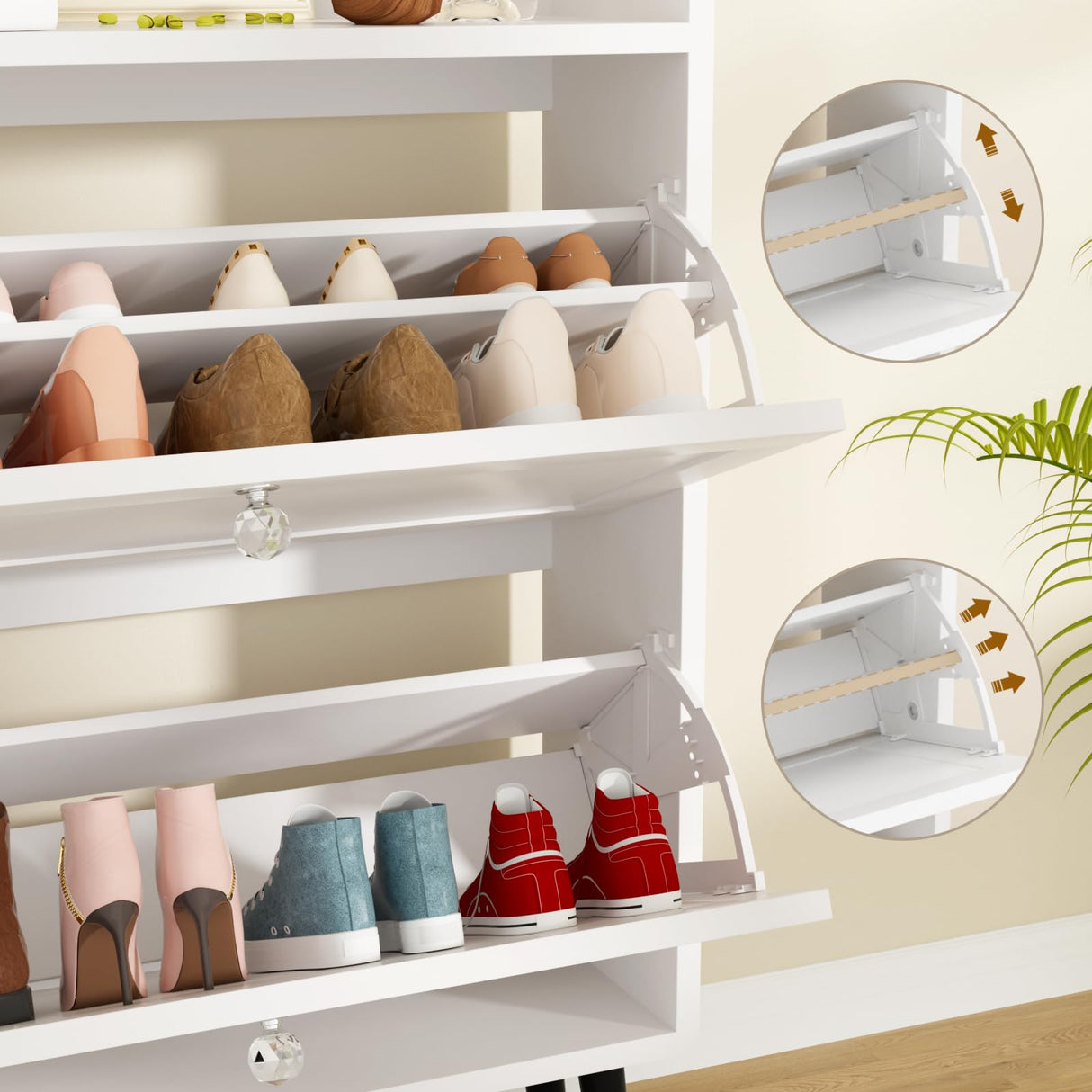 VOWNER Shoe Storage Cabinet with 2 Flip Drawers, Shoe Cabinet with Open Storage & Crystal Handle, Narrow Shoe Rack Organizer for Entryway, Hallway, White VOWNER