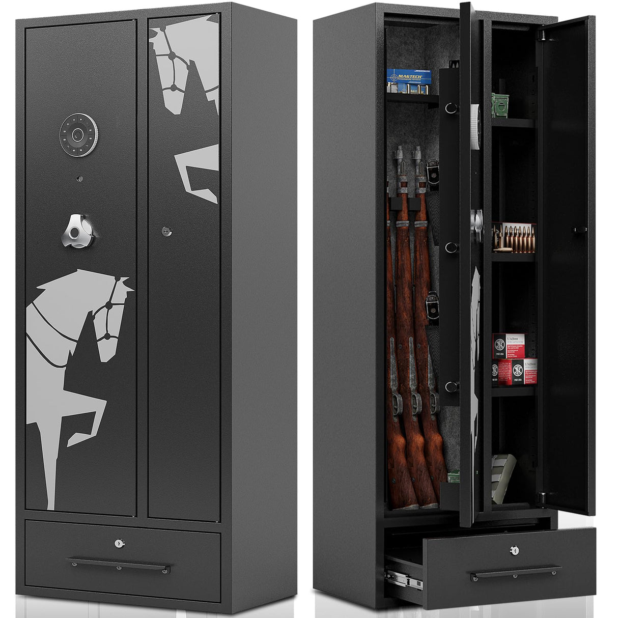 KAER 6 Gun Safe,Gun Safe for Rifles and Pistols Gun Cabinet,Multi-Function Rifle Safes for Home Shotgun and Shotguns Storage,Long Gun Safe with Drawer,Magnetic Lamp,Handgun Pouch KAER