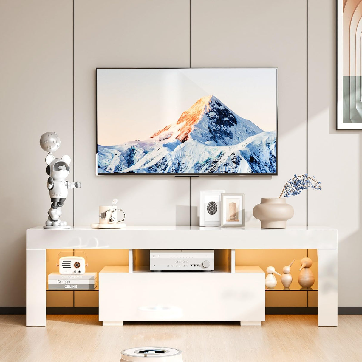 VINGLI LED TV Stand, 51'' High Glossy Modern Entertainment Center with LED Lights and Storage for 40/43/50/55 Inch TV (White, 51'' x 14'' x 18'') VINGLI