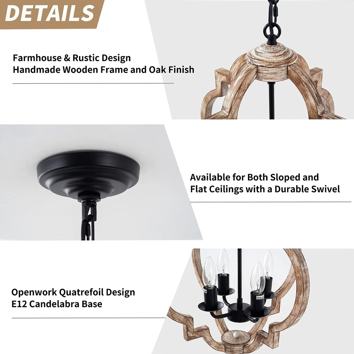 16.14" 4-Light Farmhouse Wood Chandelier, Rustic Orb Pendant Lighting Fixture with Adjustable Chain, Vintage Ceiling Hanging Lights for Foyer Entryway Dining Room Kitchen Island, Handmade Oak Finish Neechicx