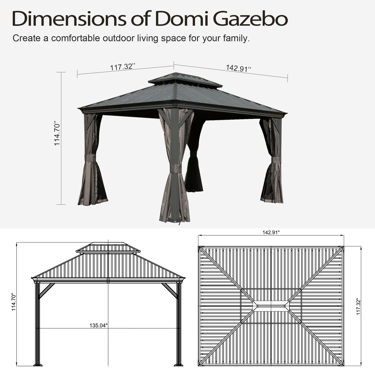 Domi 10x12FT Outdoor Gazebo, Hardtop Gazebo with Galvanized Steel Double Roof, Metal Gazebos with Drainage System Patio Pergola for Patio Deck Backyard,Curtain and Netting,Gray domi outdoor living