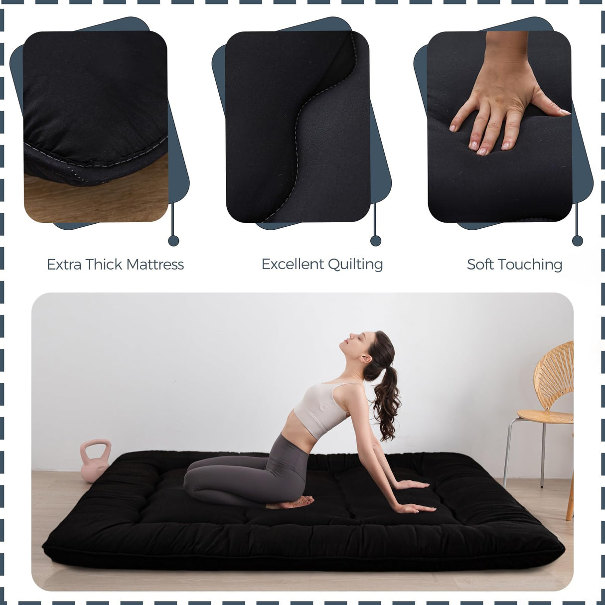 MAXYOYO 6" Extra Thick Japanese Floor Mattress Futon Mattress, Foldable Mattress Tatami Pad Floor Mattress for Adults Floor Bed Roll Up Mattress Guest Mattress, Black, Full MAXYOYO