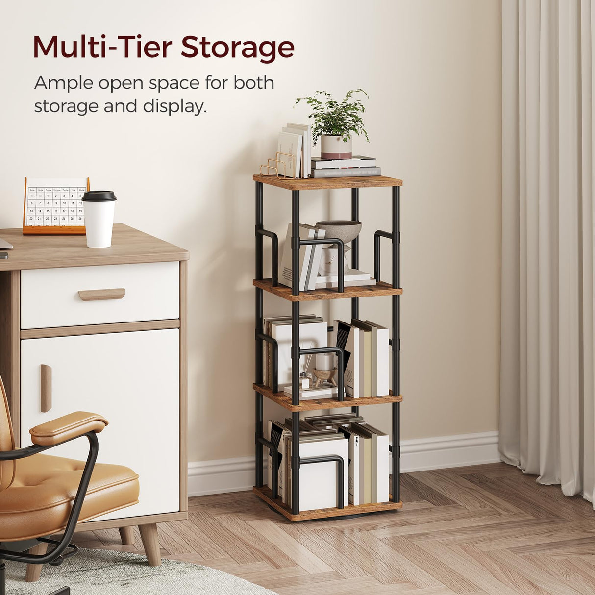 MAHANCRIS 3-Tier Rotating Bookshelf, Freestanding Corner Bookshelf, 360° Spinning Bookcase, Industrial Style Storage Rack with Rails, for Living Room, Bedroom, Study, Rustic Brown and Black BKHR1401 MAHANCRIS