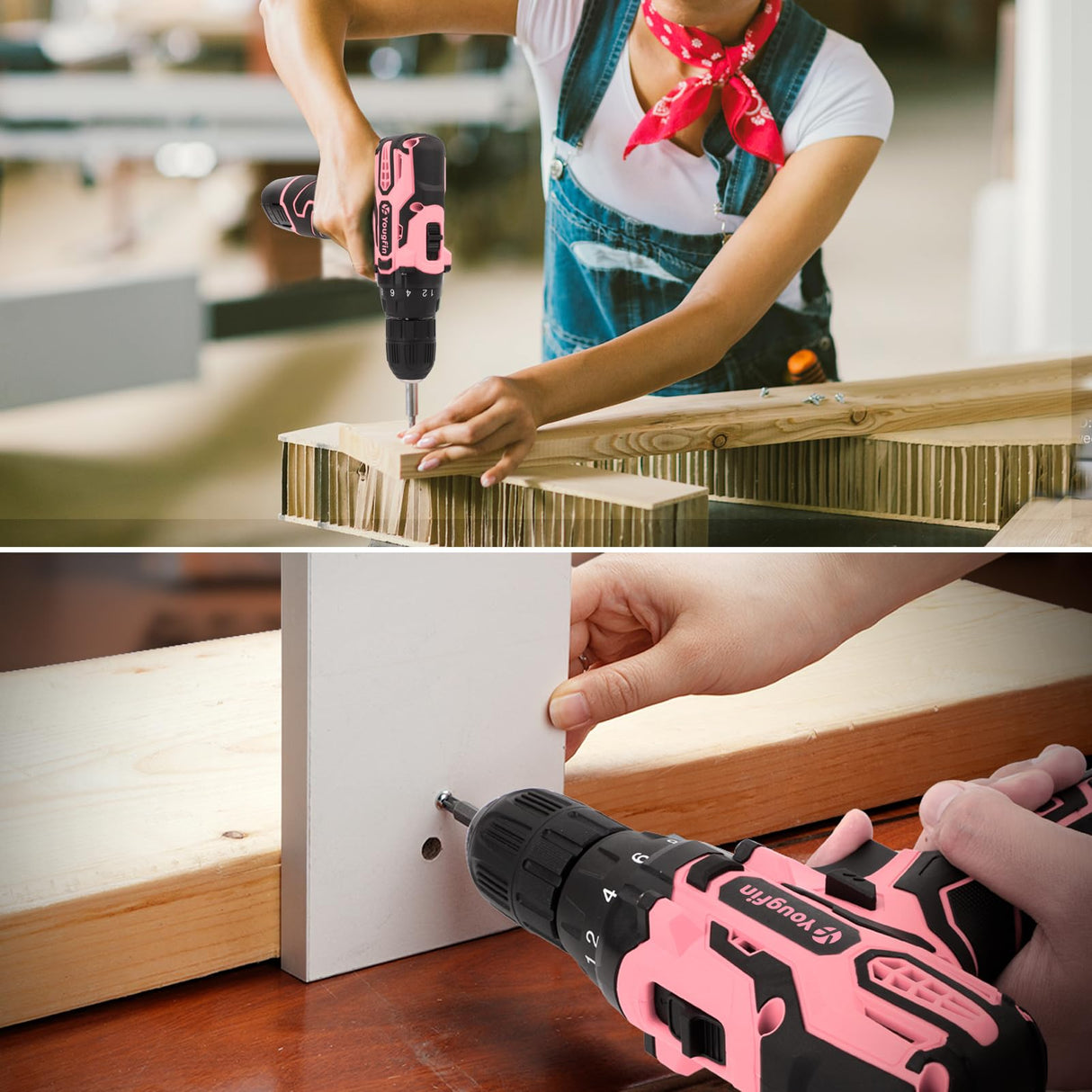 YOUGFIN Pink Drill Set for Women, Tool Kit with Drill 12V or Home Office Repairing & Improvement, Household Drill Set Power Tool with Pink Tool Box 195 Pieces Yougfin