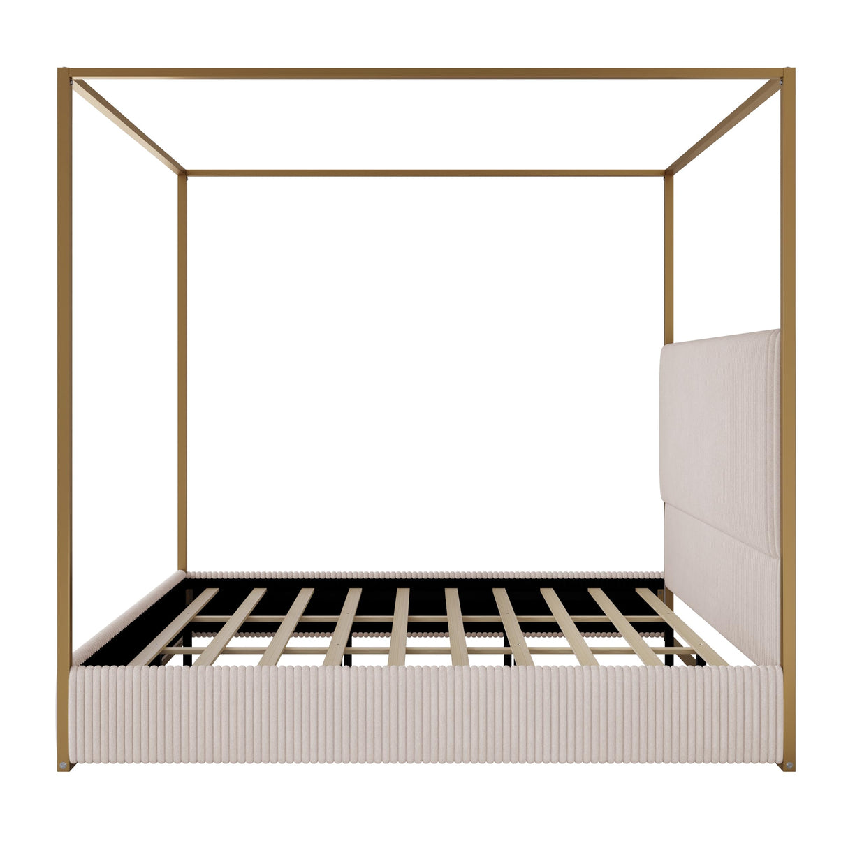 King Size Metal Canopy Bed with Tall Upholstered Channel Headboard and Gold 4 Poster, No Box Spring Needed (Beige+Gold, King) BEDGJH