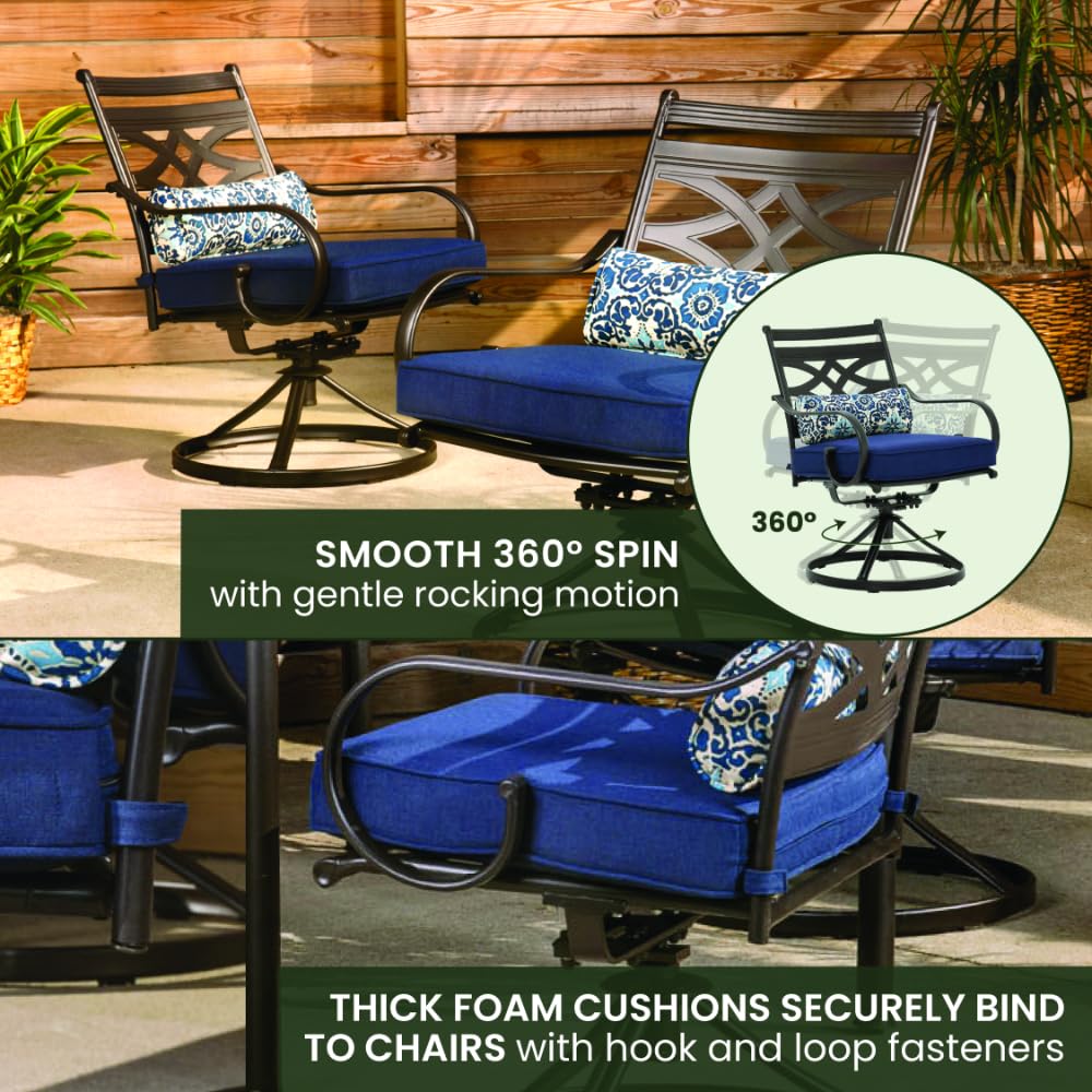 Hanover Montclair 7-Piece Outdoor Dining Set with 6 Swivel Rockers, Navy Blue Cushions and Stamped Steel Rectangular Dining Table, Patio Dining Set for 6, Premium All-Weather Patio Furniture for Deck Hanover